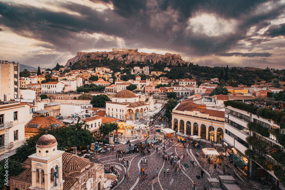 aerial panoramic view of Monastiraki square and the Acropolis at sunset in Athens  Greece