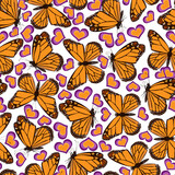 Butterflies Danaus plexippus, hearts, isolated on white background. Seamless pattern, vector.