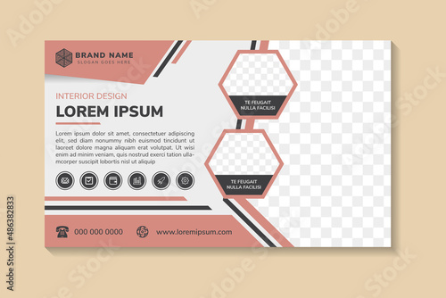 A horizontal web banner. interior design horizontal flyer. grey background and black pink pastel colors on elements. Space for photo collage and text. template for advertising online marketing.