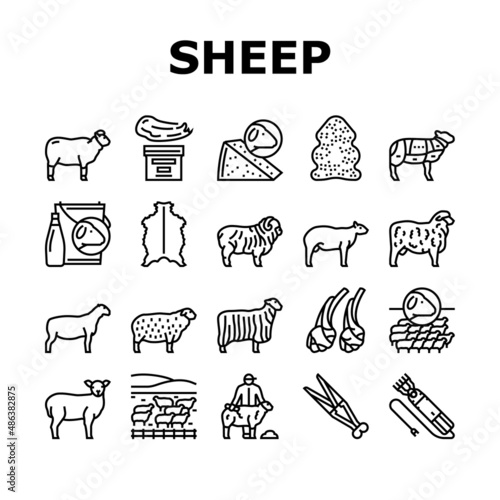 Sheep Breeding Farm Business Icons Set Vector. Sheep Breeding And Food Producing From Farmland Animal, Lamb Meat And Milk Line. Lanolin Wool Wax And Electric Devices Black Contour Illustrations