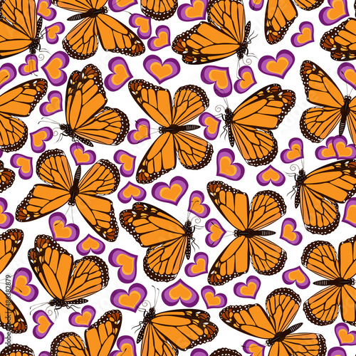 Butterflies Danaus plexippus, hearts, isolated on white background. Seamless pattern, vector. © NATALYA