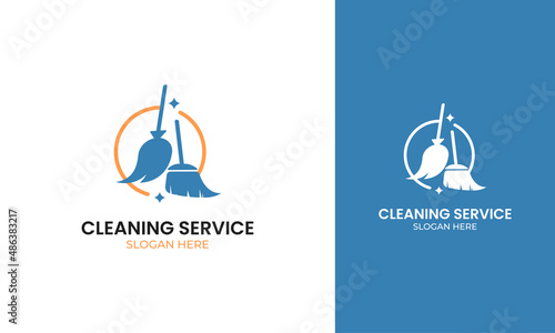 Mop and broom logo design. Tool for clean housework or cleaning service