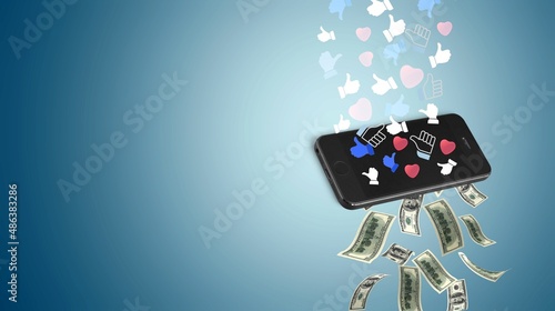 Content monetization, likes turn into dollars passing through the smartphone. The concept of currency, social networks photo