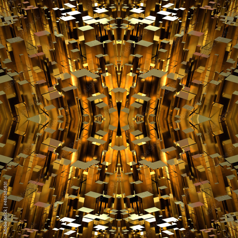 Seamless mirrored golden texture of a futuristic city with skyscrapers. 3D rendering Golden background with rectangular elements. 3D image.
