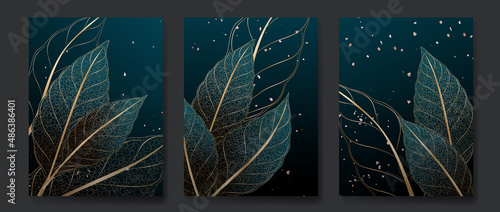 Luxurious dark blue background with golden tropical leaves in art line. Botanical design for invitation design, design, wedding