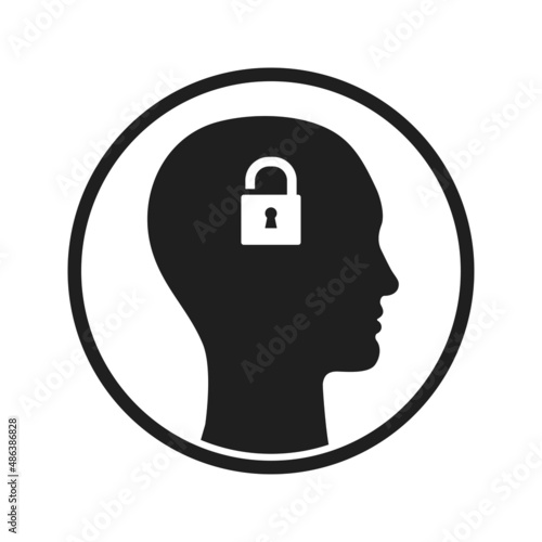 Circle icon of human silhouette profile with open padlock in head. Human with unlock mind.