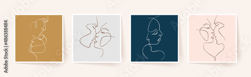 Set of one line faces, couple man and woman. Valentine's day minimalistic vector illustration.
