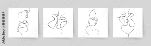 Set of one line faces, couple man and woman. Valentine's day minimalistic vector illustration.