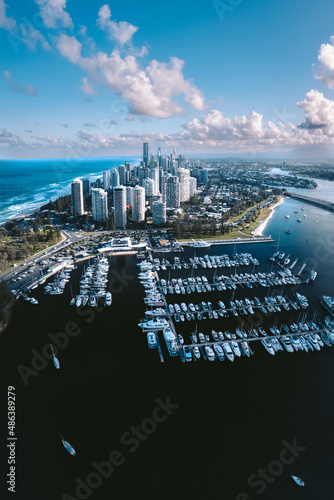 An aerial view of Surfers Paradise and the Southport Yacht Club