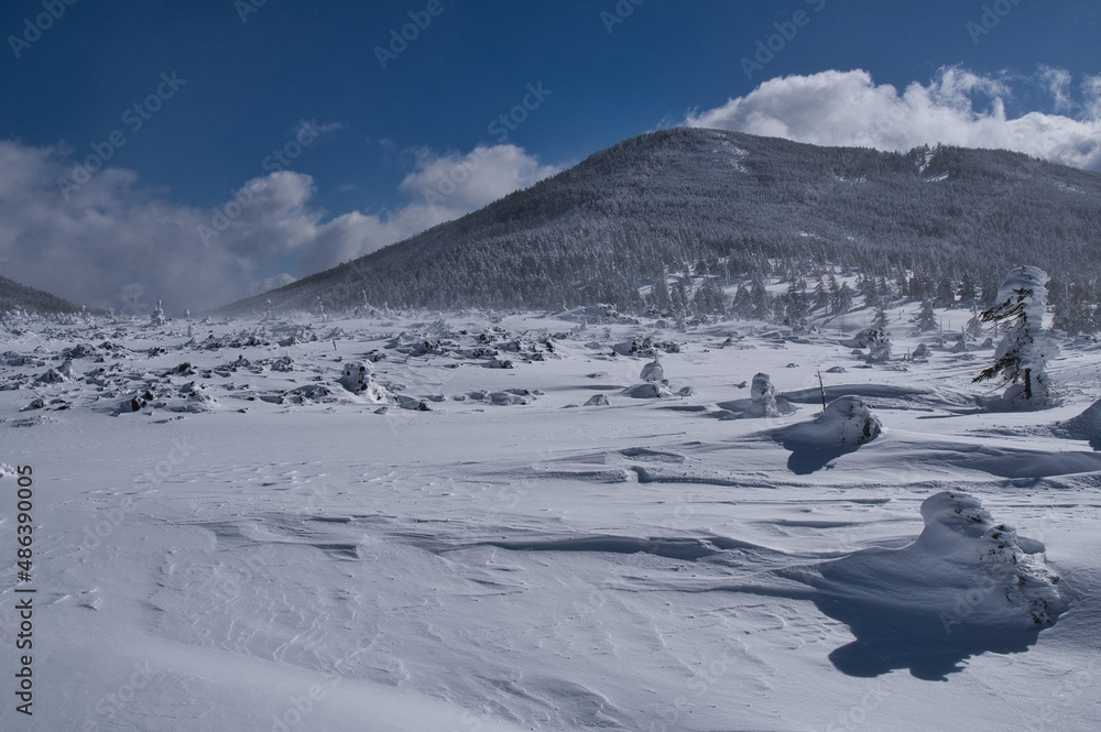 冬の八ヶ岳青空と厳冬の雪山風景