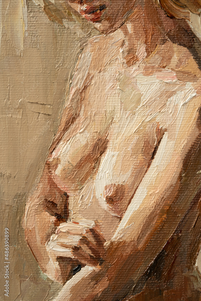 Fragment of  nude attractive young woman, created in details and color nuances.  Oil painting on canvas.