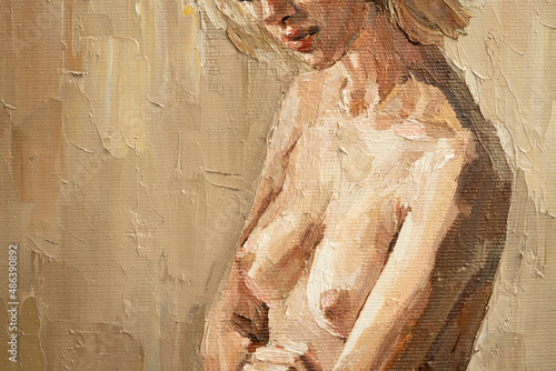 Fragment of  nude attractive young woman, created in details and color nuances.  Oil painting on canvas.
