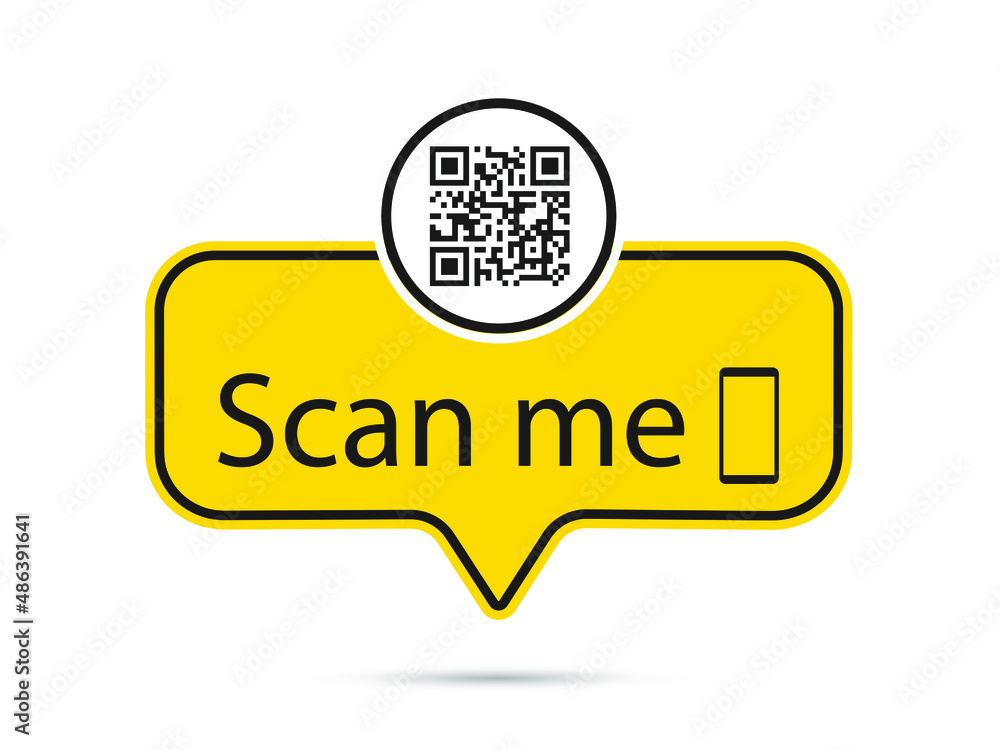 QR code yellow label. Inscription scan me with smartphone icon. Qr code for payment. Vector illustration. QR code yellow label. Inscription scan me with smartphone icon. Qr code for payment. Vector illustration.