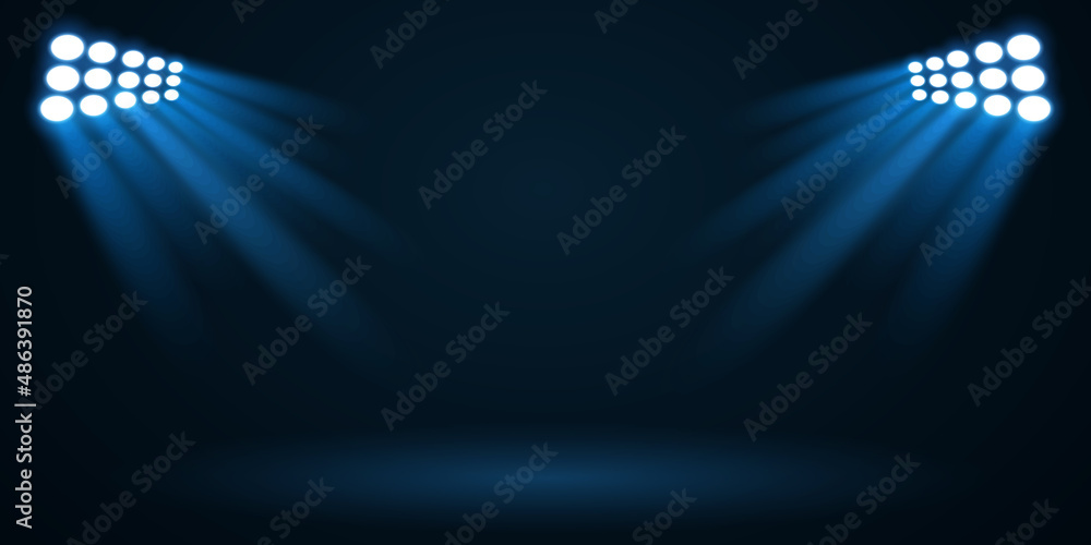 Naklejka premium Blue spotlights isolated on black background. Light effect. Empty podium for show. Vector projectors