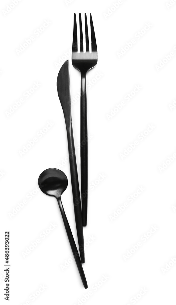 Set of stainless steel cutlery on white background Set of stainless steel cutlery on white background