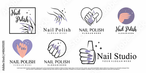 Set of nail polish logo design manicure with creative concept Premium Vector