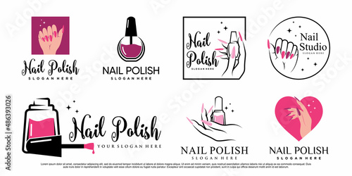 Set of nail polish or nail studio logo template with creative element Premium Vector photo
