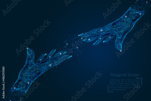 Abstract isolated image of human hand of partnership of people. Polygonal low poly style illustration looks like stars in the blask night sky in spase or flying glass shards.