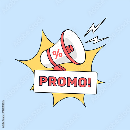 loud mega phone speaker with promo text outline icon vector illustration for online shop social media marketing
