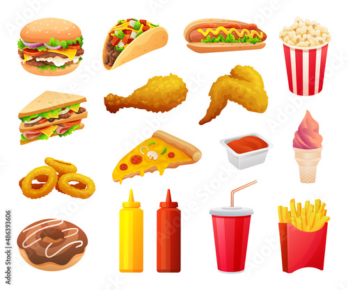Set of fast food and beverage in cartoon style