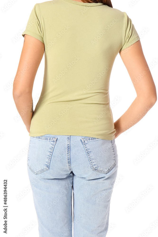 Young woman in blank t-shirt on white background, back view Young woman in blank t-shirt on white background, back view