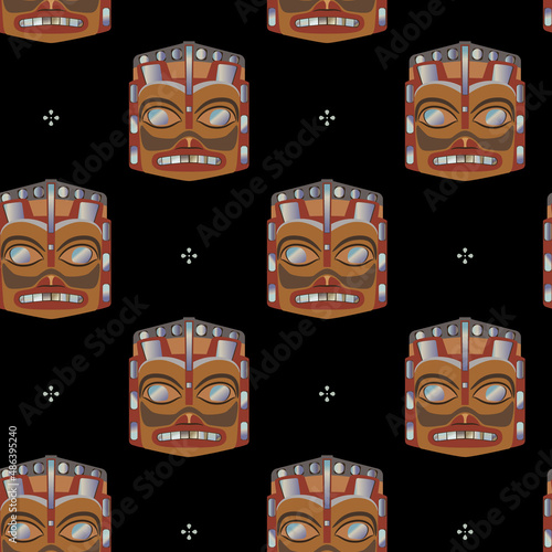 Seamless ethnic pattern with Native American ethnic masks of Haida Indians. On black background.
