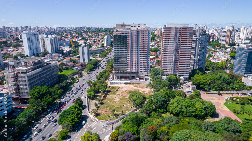 Naklejka premium Aerial view of the city of São Paulo, Brazil. In the neighborhood of Vila Clementino, Jabaquara. Aerial drone photo. Avenida 23 de Maio in the background. Many residential buildings under construction