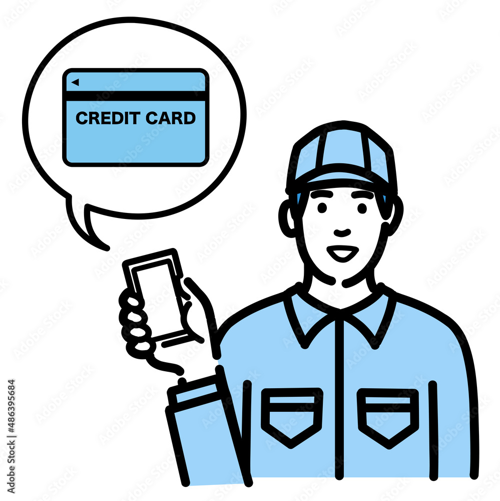 スマホを持ってクレジットカードの説明をしている作業服の若い男性
