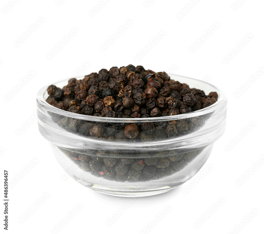 Bowl of black peppercorns on white background Bowl of black peppercorns on white background