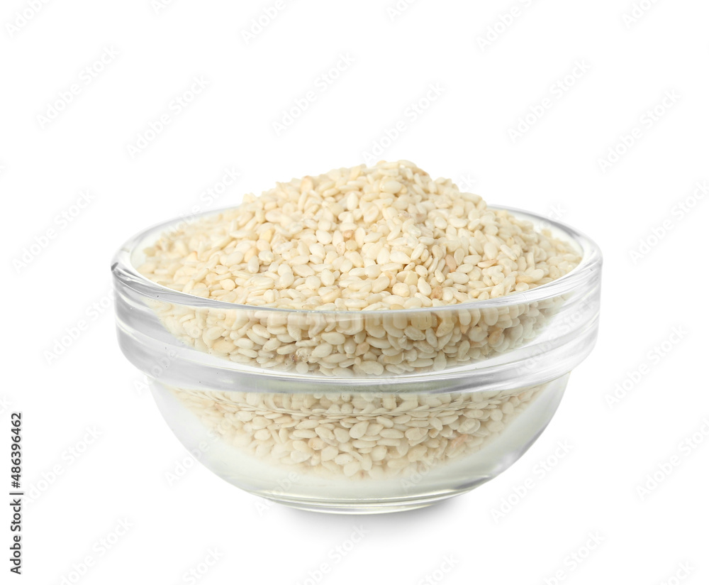 Bowl of sesame seeds on white background Bowl of sesame seeds on white background