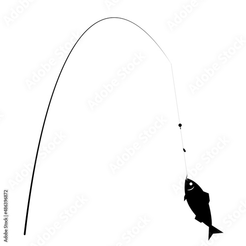 魚釣りのアイコン。魚が釣れた釣り竿のイラスト。
