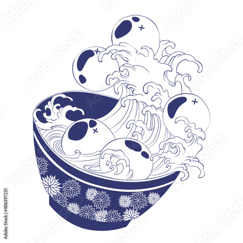 Watercolor illustration of Tang yuan.  Sweet wave soup with sticky rice balls, which is often served during the winter months in East Asia. 