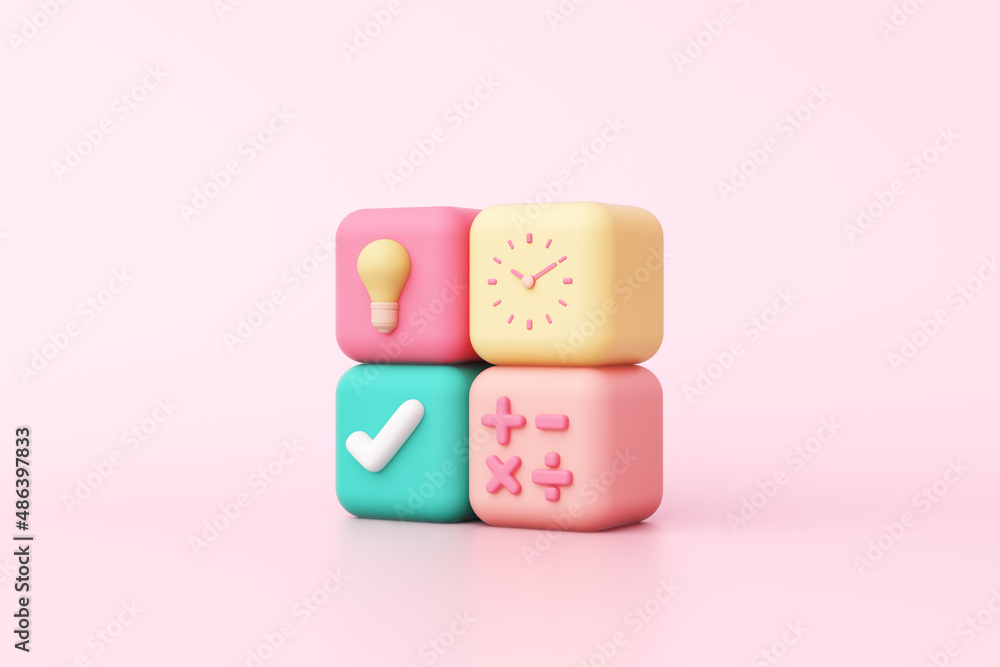 Children theme online learning kids friendly pastel colorful creative education or business success math study time management idea imagination clock light bulb object. clipping path. 3D Illustration. Children theme online learning kids friendly pastel colorful creative education or business success math study time management idea imagination clock light bulb object. clipping path. 3D Illustration.