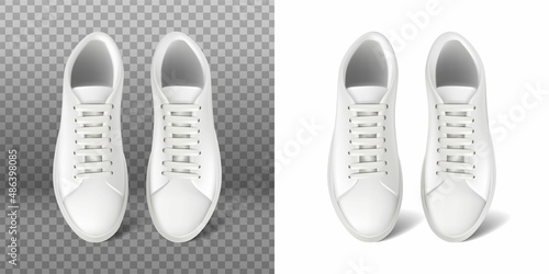 3d realistic vector icon. White running sneakers with lace. Sport shoes. Isolated on white and transparent background.