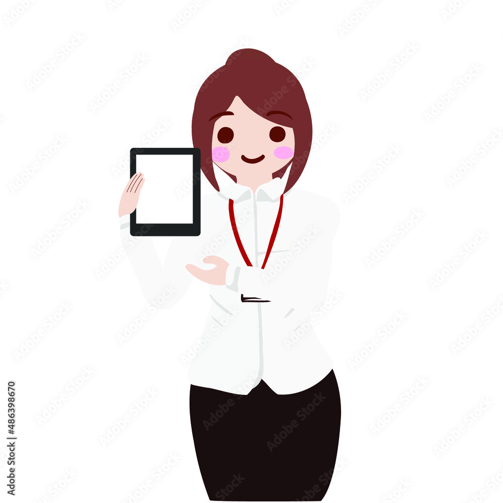 シャツを着た社員証をつけた女性がタブレットを使って提案する シャツを着た社員証をつけた女性がタブレットを使って提案する