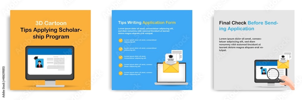 Fototapeta premium 3D cartoon style. Social media informative applying scholarship program tips post banner template layout design. Submitting student form via web mail concept