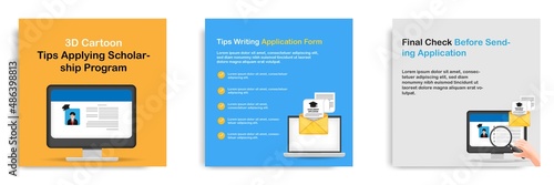 3D cartoon style. Social media informative applying scholarship program tips post banner template layout design. Submitting student form via web mail concept