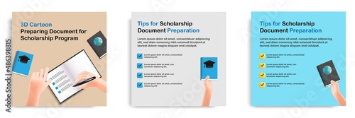 3D cartoon style. Social media informative scholarship document preparation tips post banner template layout design. Checking student and immigration document requirement concept