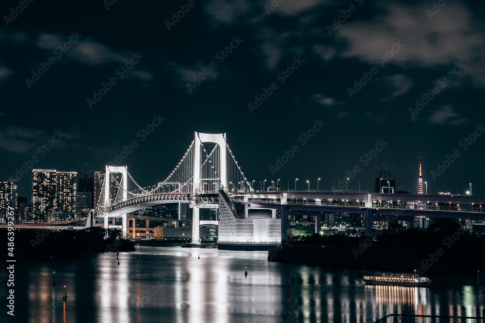 Rainbow bridge in Odaiba, with Tokyo city lights in the background