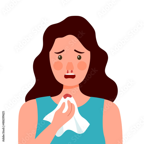Young sick woman with a nosebleed in flat design. Nose bleeding symptom.