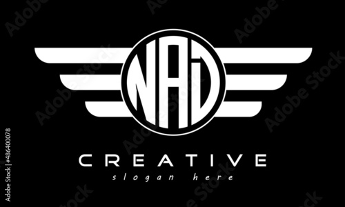 NAD three letter monogram type circle letter logo with wings vector template.