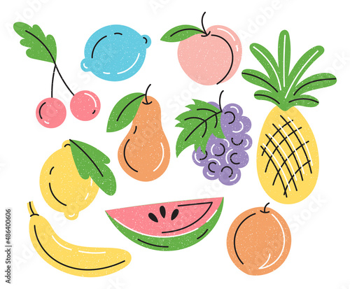 Wallpaper Mural A set of illustrations of tropical exotic and garden fruits with a grainy texture. Doodles,cartoon isolated on a white background. Torontodigital.ca