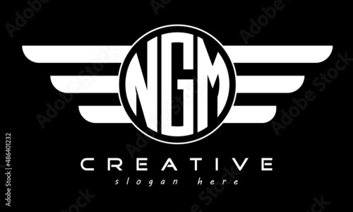 NGM three letter monogram type circle letter logo with wings vector template. photo