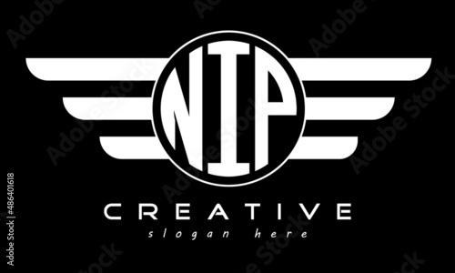 NIP three letter monogram type circle letter logo with wings vector template.