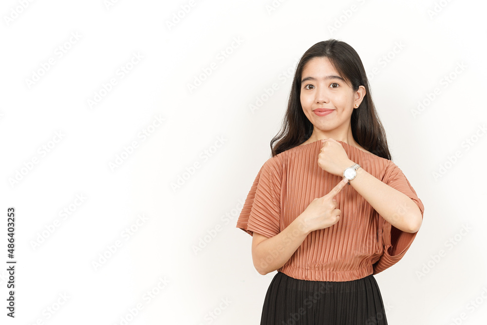 Pointing to Watch and Smile Of Beautiful Asian Woman Isolated On White Background Pointing to Watch and Smile Of Beautiful Asian Woman Isolated On White Background