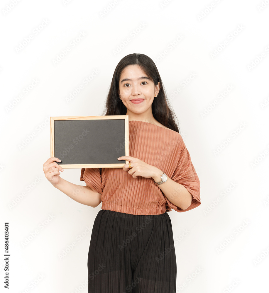 Showing, Presenting and holding Blank Blackboard Of Beautiful Asian Woman Isolated On White Background Showing, Presenting and holding Blank Blackboard Of Beautiful Asian Woman Isolated On White Background