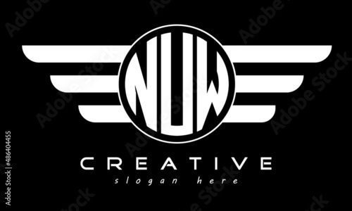 NUW three letter monogram type circle letter logo with wings vector template. photo