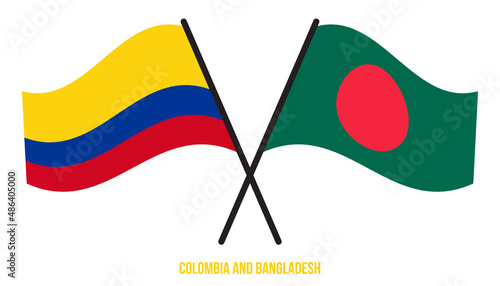 Colombia and Bangladesh Flags Crossed And Waving Flat Style. Official Proportion. Correct Colors.