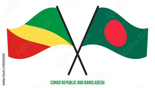 Congo Republic and Bangladesh Flags Crossed And Waving Flat Style. Official Proportion.