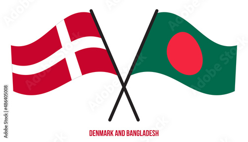 Denmark and Bangladesh Flags Crossed And Waving Flat Style. Official Proportion. Correct Colors.